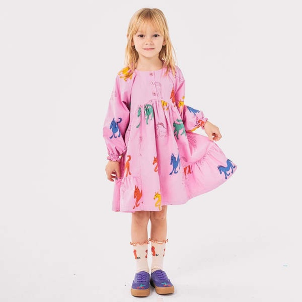 NWT Bobo Choses Pink Colorful Horse Print Cotton Long Sleeve Dress 10